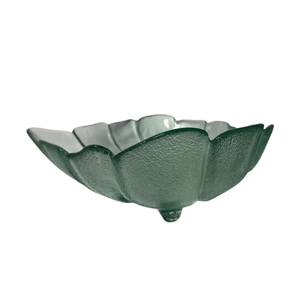 VTG MCM RETRO DEPRESSION GREEN LEAF FOOTED large GLASS BOWL DISH ART DECOR